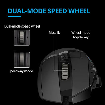 Gaming mouse with dual-mode speed wheel feature on a black background