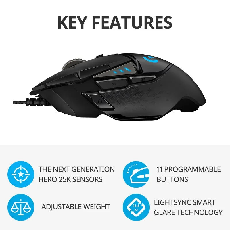Gaming mouse with key features listed on a white background