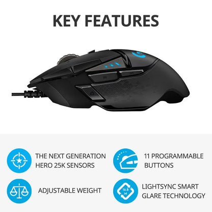 Gaming mouse with key features listed on a white background