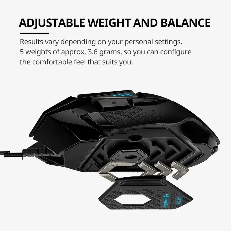 Black gaming mouse with adjustable weight system on a white background