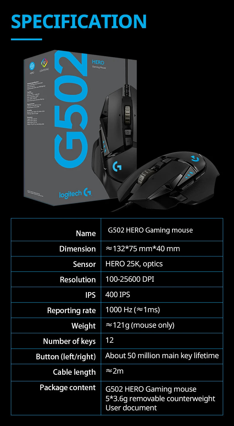Logitech G502 HERO gaming mouse packaging with specifications on a black background
