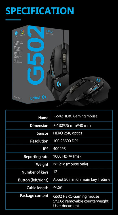Logitech G502 HERO gaming mouse packaging with specifications on a black background