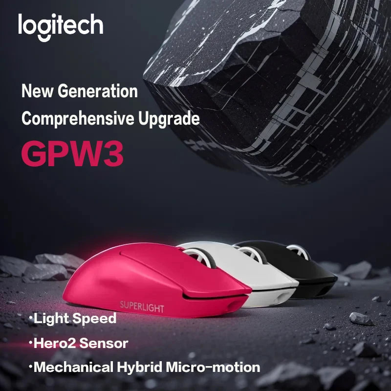 Logitech GPW3 gaming mouse with features highlighted on a dark background