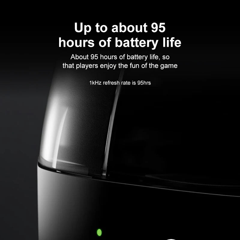 Black electronic device with text about battery life on a black background