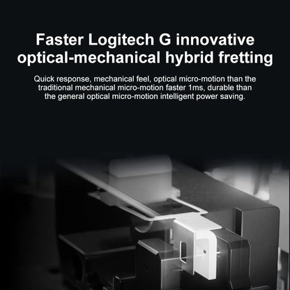 Technical diagram of a Logitech G product with text about innovative optical-mechanical hybrid fretting.