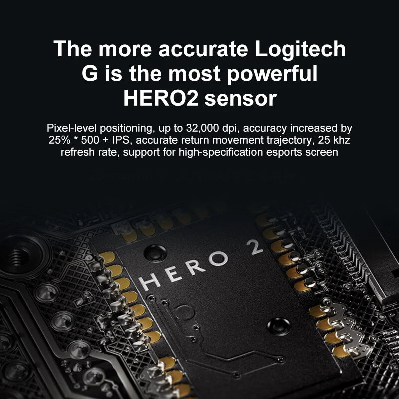 Close-up of a Logitech G HERO2 sensor with text highlighting its features on a black background.