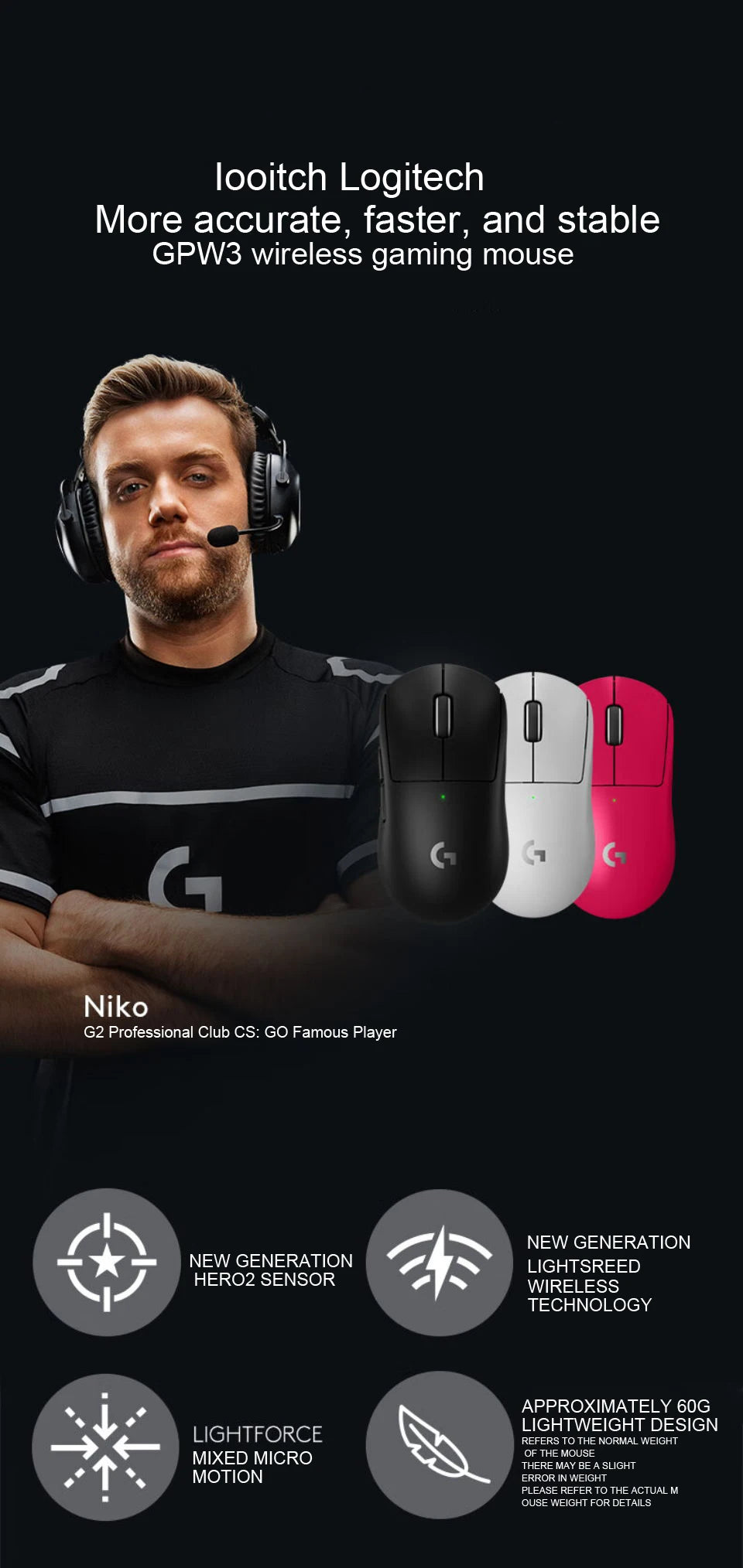 Logitech gaming mouse advertisement with a person wearing a headset and microphone, featuring different color options.