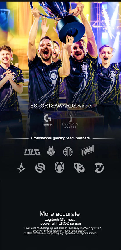Esports team celebrating with a trophy on a dark background with logos and text.