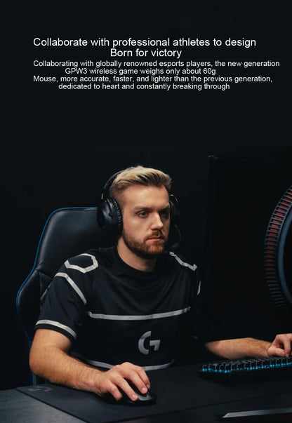 Person wearing headphones and using a gaming mouse and keyboard in a dark room