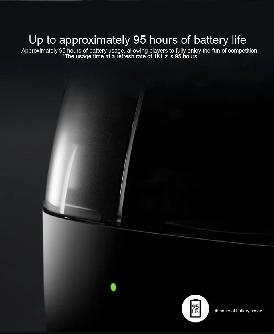 Black electronic device with green indicator light on a black background, displaying battery life information.