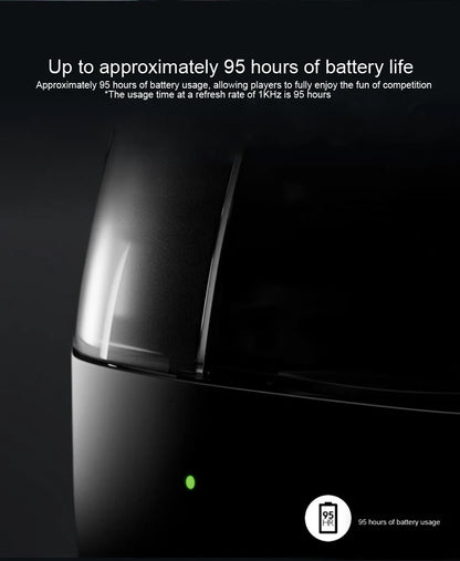 Black electronic device with green indicator light on a black background, displaying battery life information.