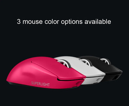 Three computer mice in pink, white, and black with 'Superlight' branding on a black background.