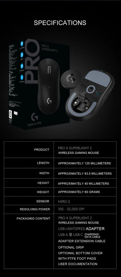 Logitech PRO X Superlight 2 Wireless Gaming Mouse – HERO 25K Sensor, 60g Ultra-Lightweight