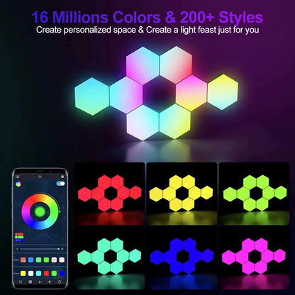 Hexagonal LED lights with app control on a dark background