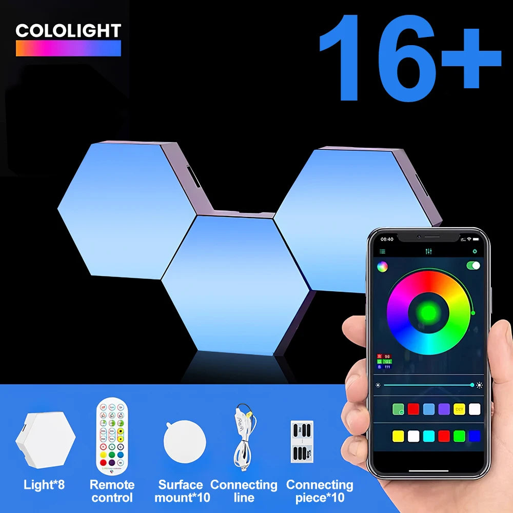 Hexagonal LED lights with smartphone control and Cololight branding.