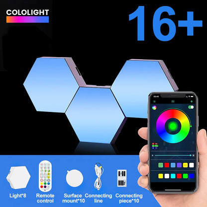 Hexagonal LED lights with smartphone control and Cololight branding.