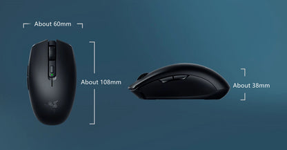 Two black gaming mice with measurements on a blue background