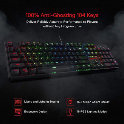 Gaming keyboard with RGB lighting on a dark background, featuring text about key features.