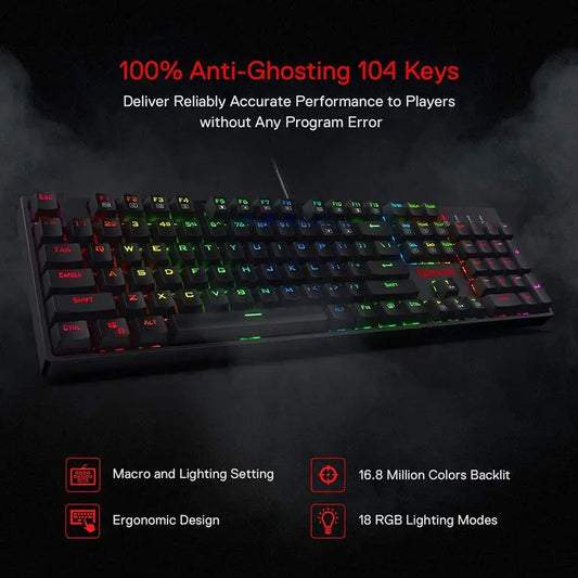 Gaming keyboard with RGB lighting on a dark background, featuring text about key features.