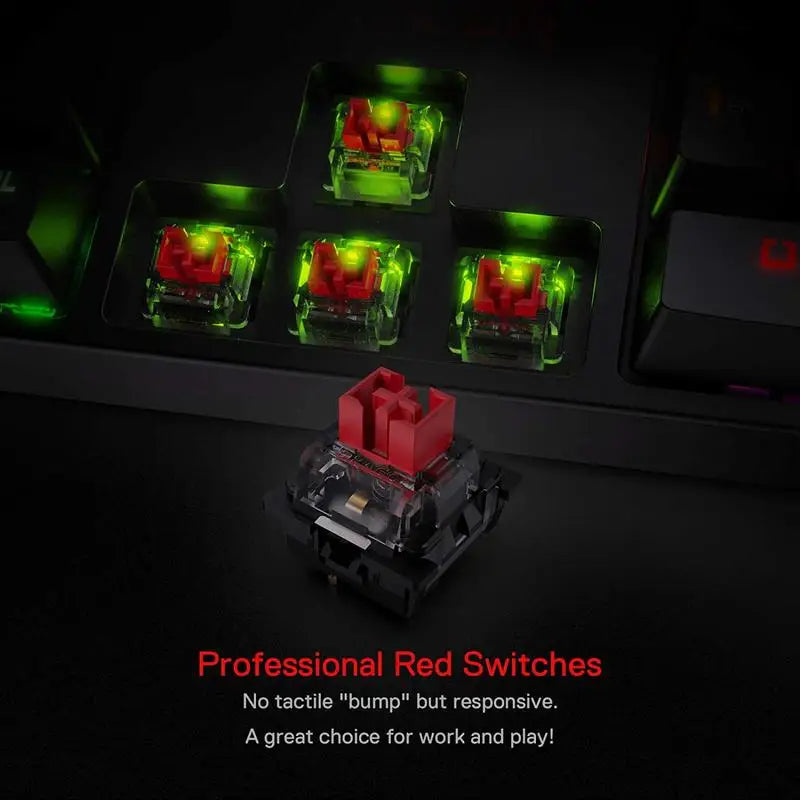 Close-up of red switches with green accents on a dark background, highlighting their design and features.