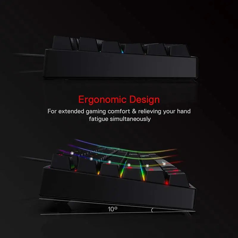 Gaming keyboard with RGB lighting on a black background, emphasizing ergonomic design.