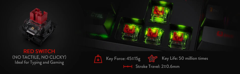 Mechanical keyboard switch with red switch highlighted on a dark background
