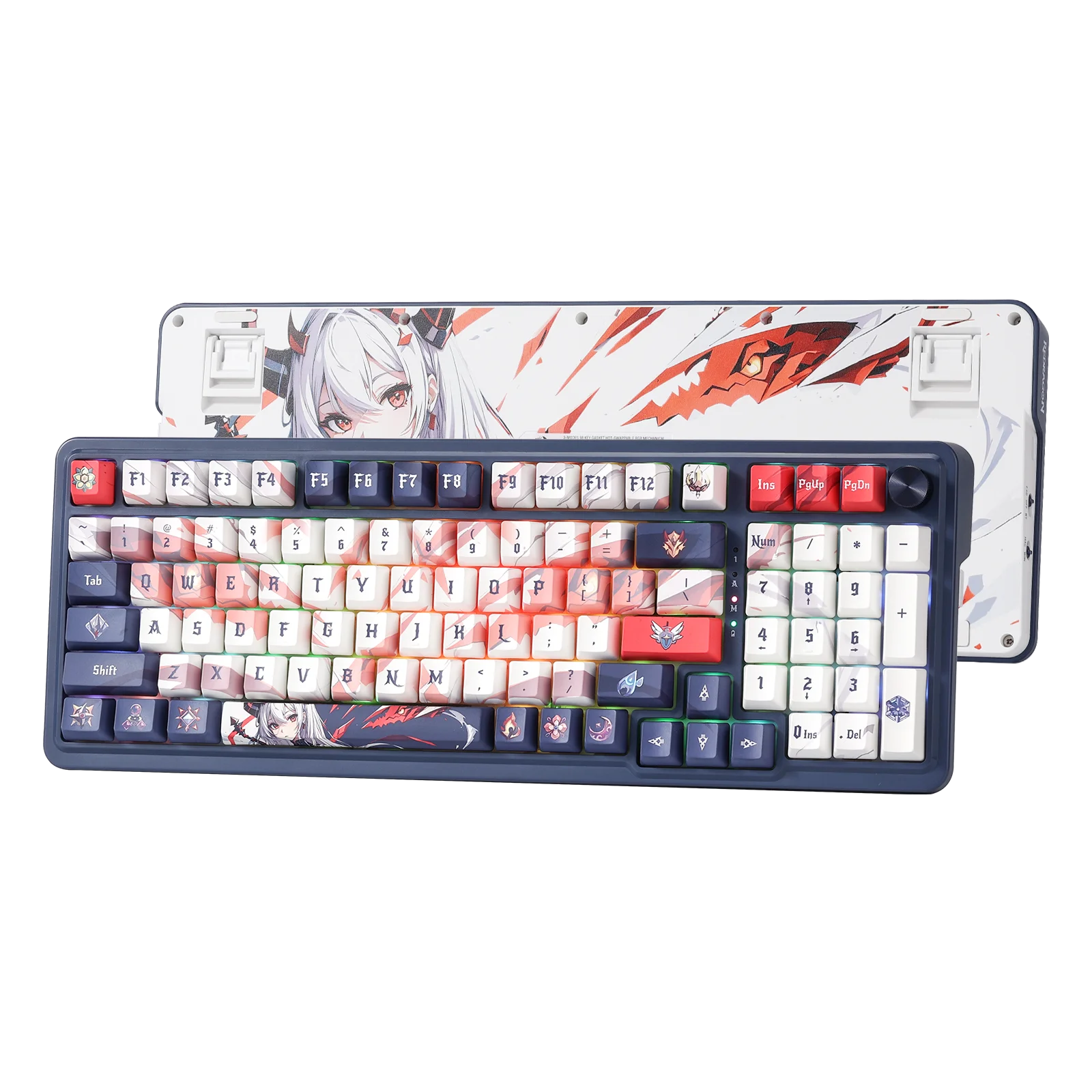 Anime-themed mechanical keyboard with a clear case featuring an illustration of a character.
