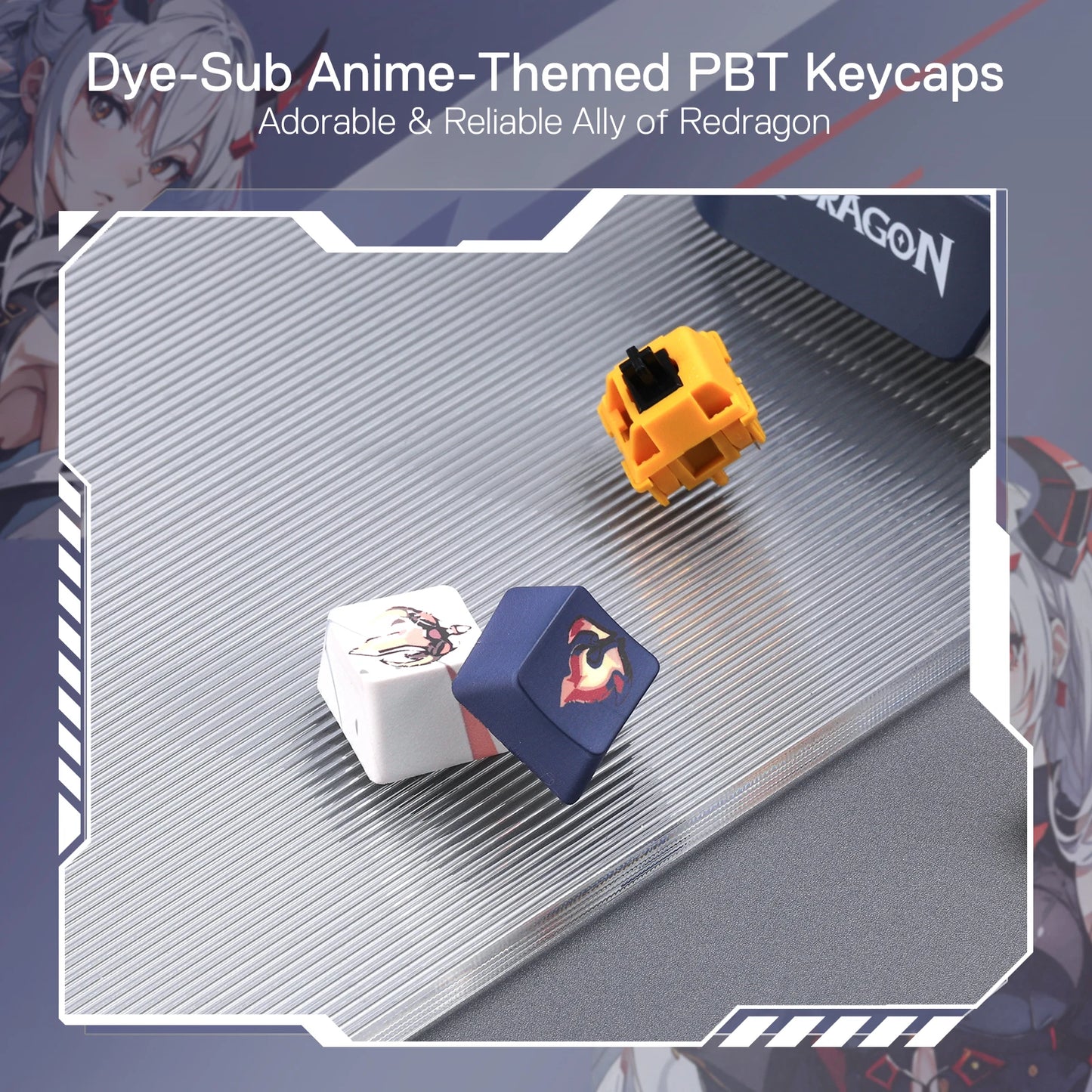 Anime-themed PBT keycaps on a metallic surface with Redragon branding.