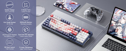 Mechanical keyboard on a desk with gaming accessories and a laptop.