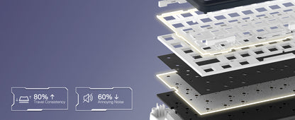 Close-up of a keyboard with visible keycaps and technical specifications on a dark background