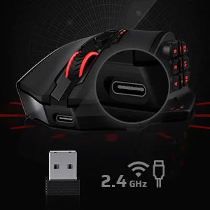 Gaming mouse with USB receiver and wireless connectivity symbols on a dark background