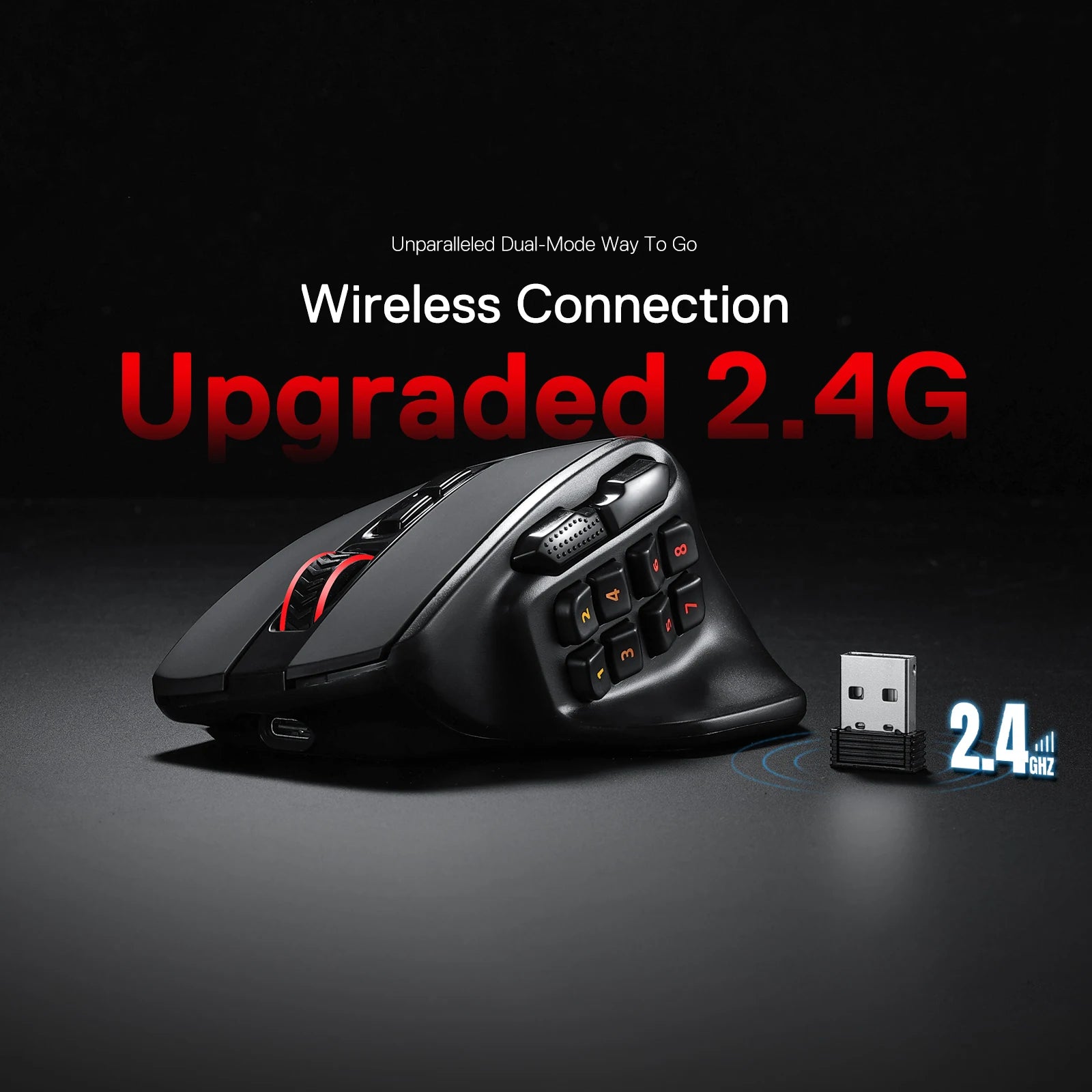 Black gaming mouse with wireless connection adapter on a dark background
