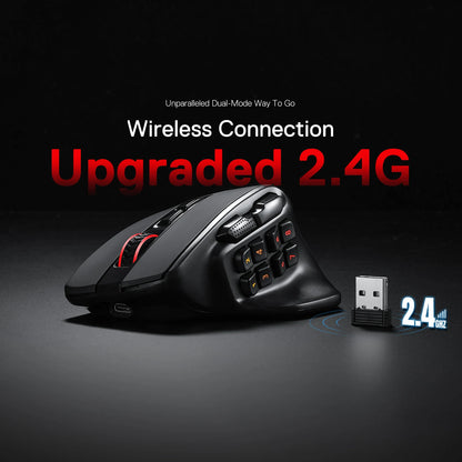 Black gaming mouse with wireless connection adapter on a dark background