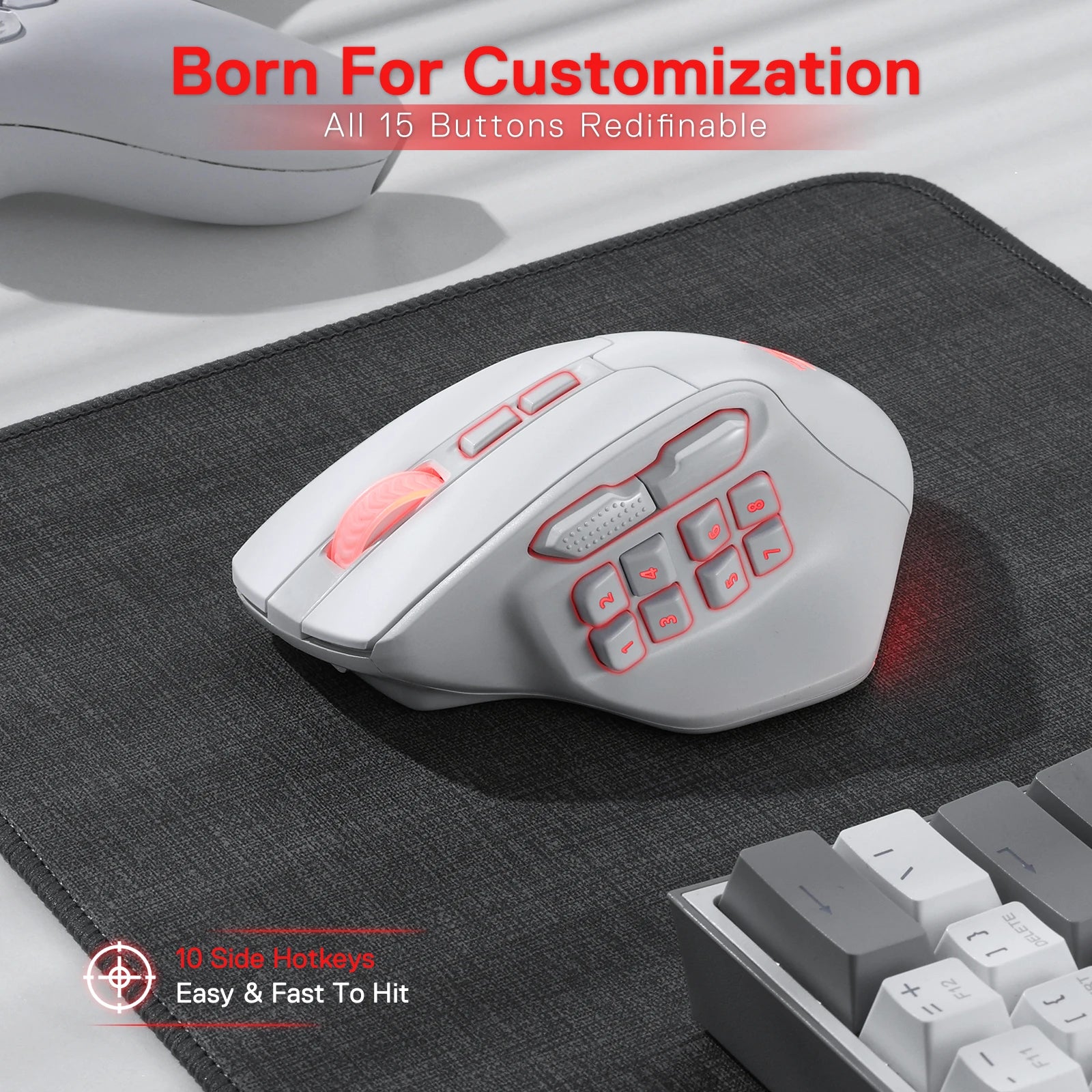 White gaming mouse with customizable buttons on a black mouse pad, surrounded by keyboard and controller.
