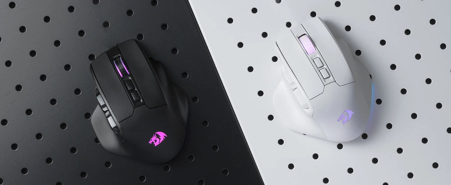 Two gaming mice, one black and one white with purple accents, on a pegboard background.