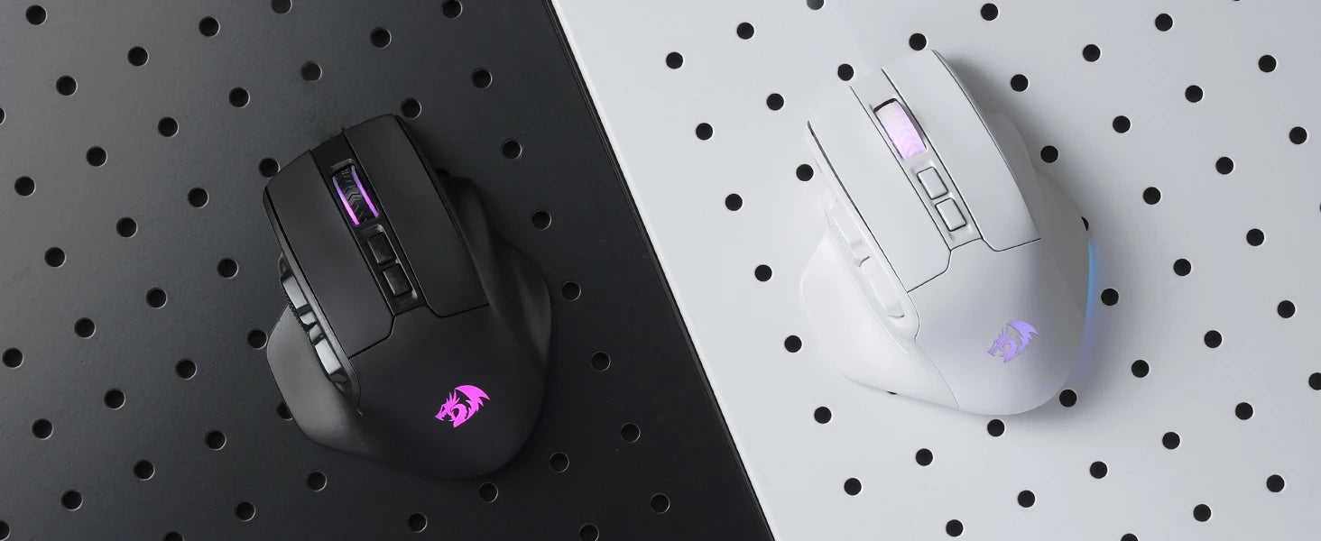 Two gaming mice, one black and one white with purple accents, on a pegboard background.