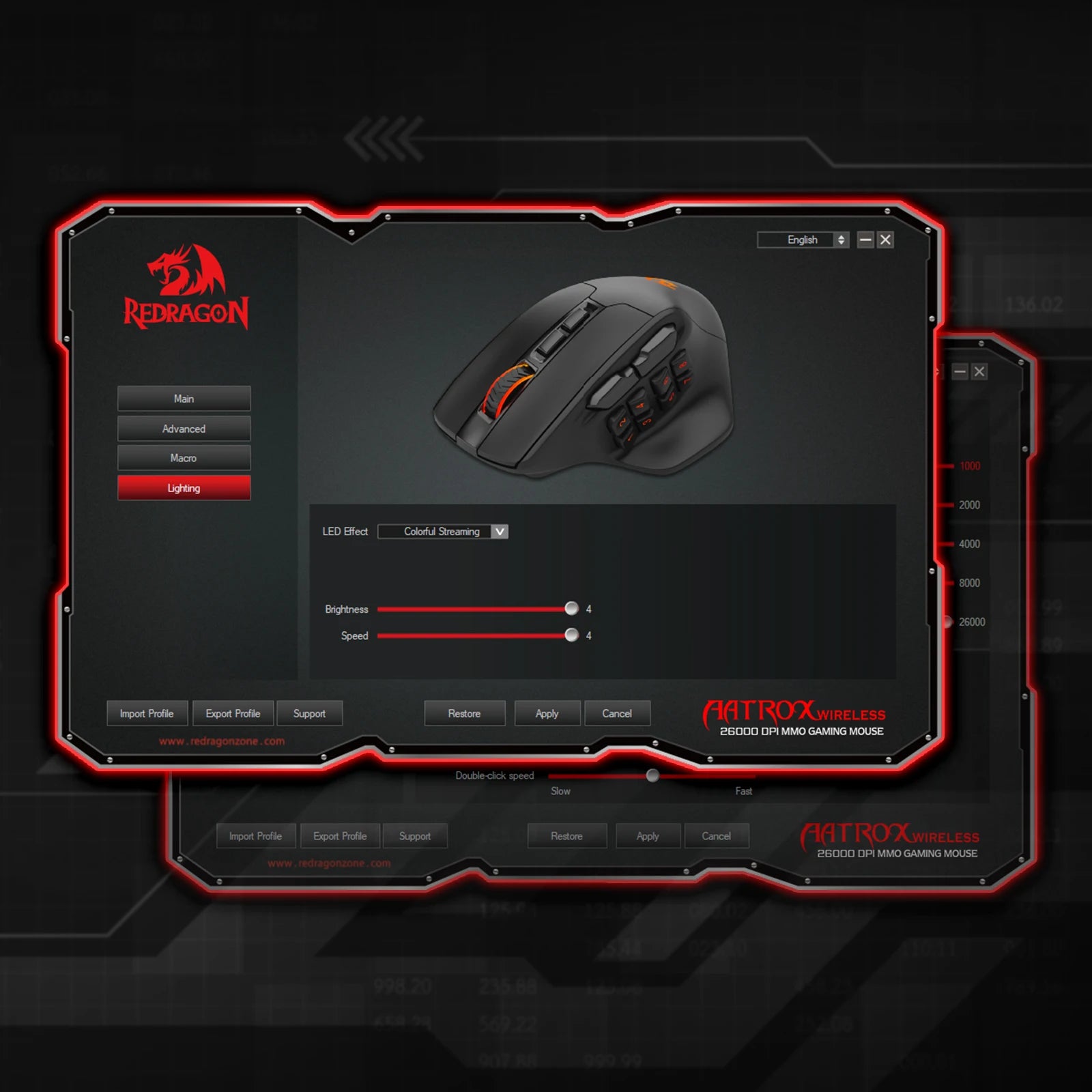 Redragon gaming mouse with software interface on a dark background