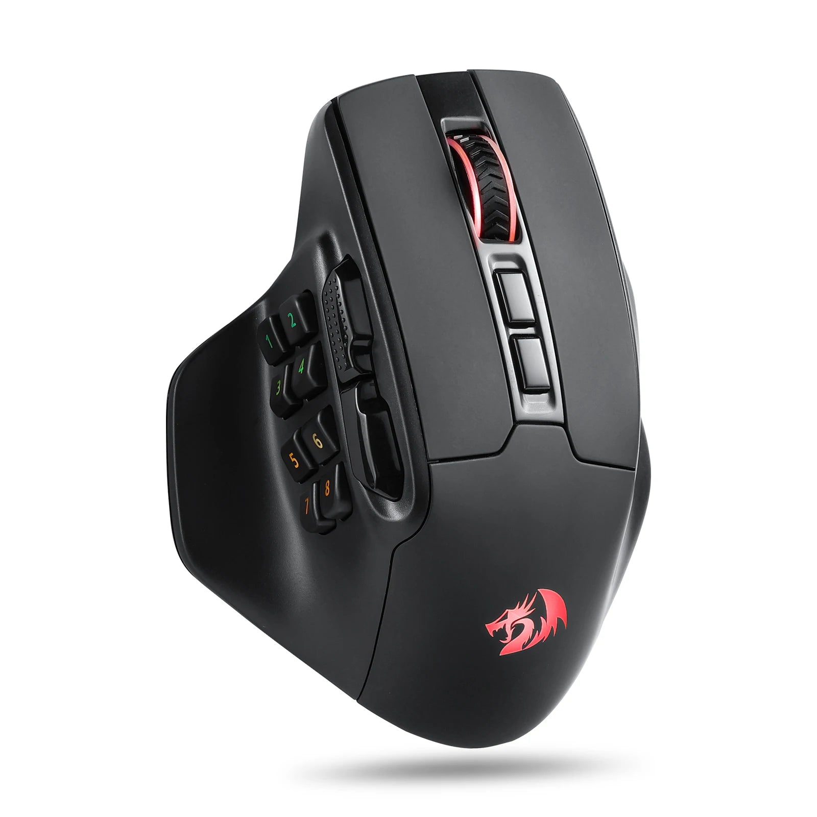 Black gaming mouse with red logo on a white background