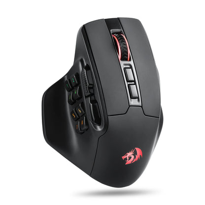 Black gaming mouse with red logo on a white background