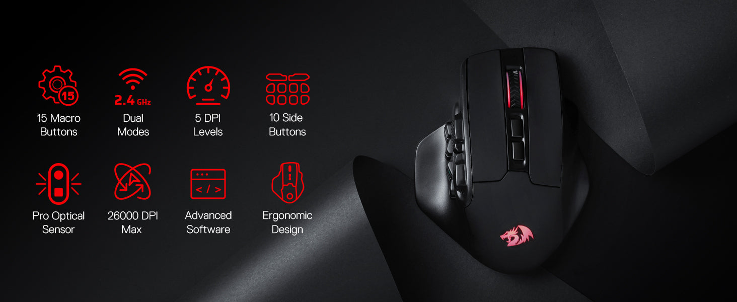 Gaming mouse with feature icons on a dark background