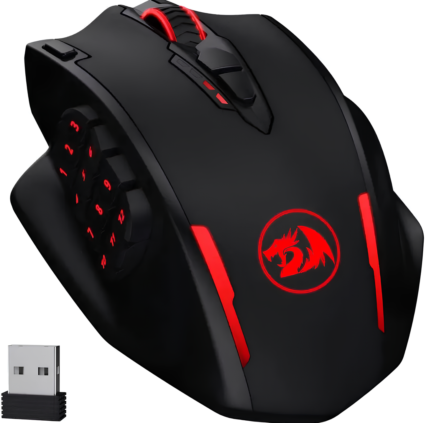 Black gaming mouse with red accents and a wireless receiver on a white background