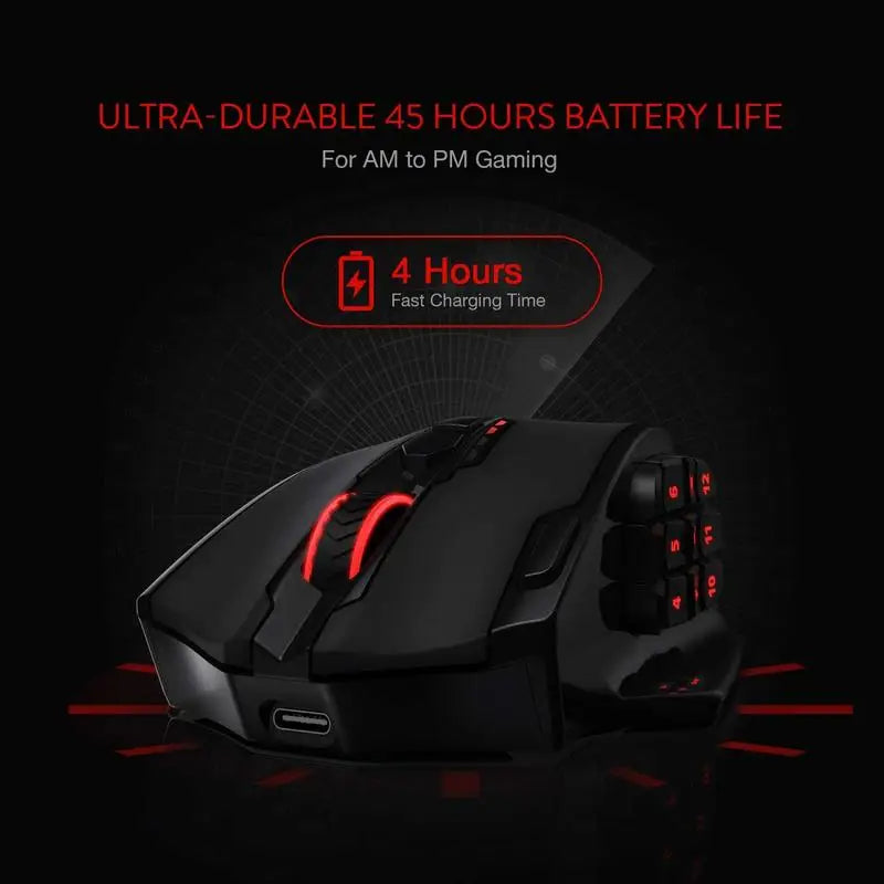 Gaming mouse with battery life and charging time information on a dark background