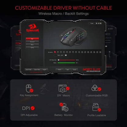 Redragon gaming mouse with customizable driver interface on a dark background