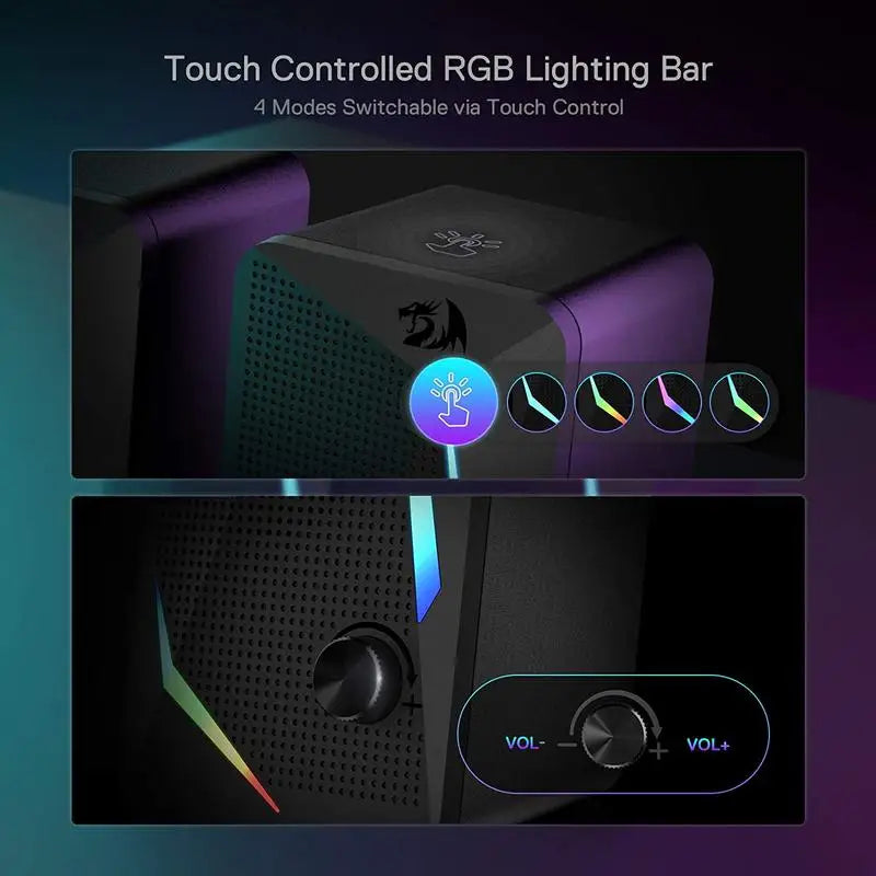 Touch-controlled RGB lighting bar with switchable modes and volume controls on a dark background.