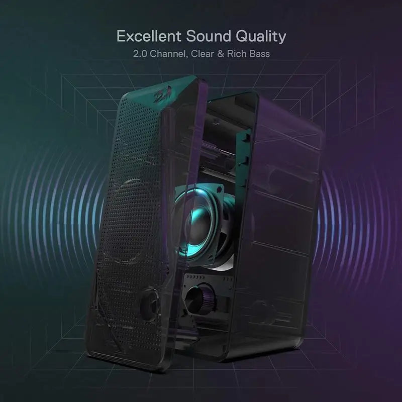 Pair of speakers with text about excellent sound quality on a dark background