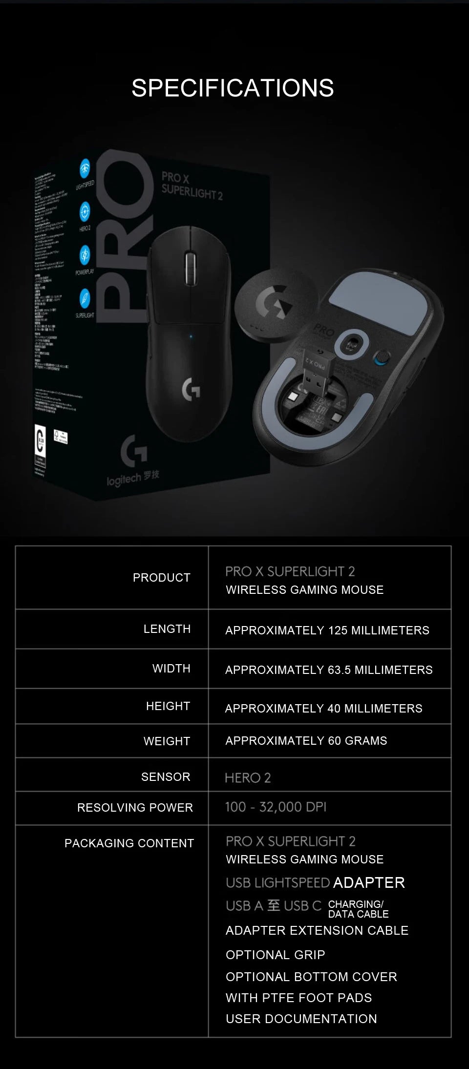 Logitech PRO X Superlight 2 Wireless Gaming Mouse – HERO 25K Sensor, 60g Ultra-Lightweight