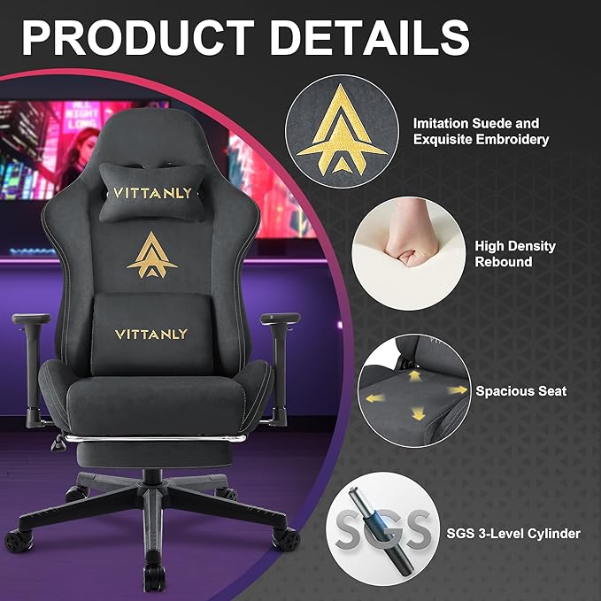 Vittanly Ergonomic Gaming Chair with Recline & Footrest