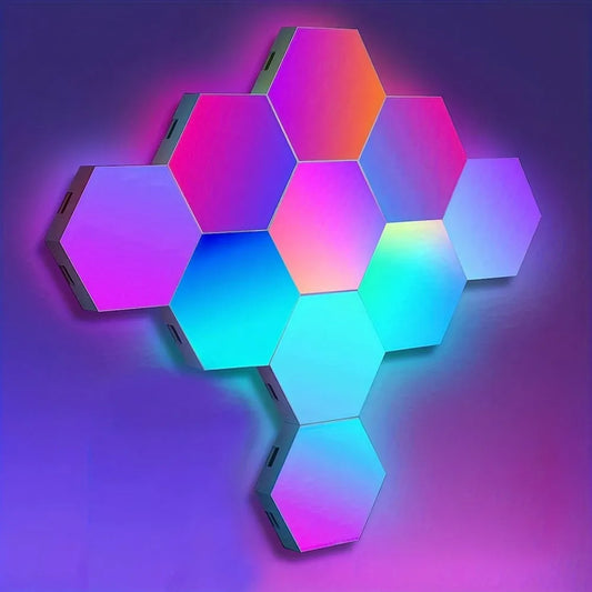 Hexagonal LED lights in various colors on a gradient purple background