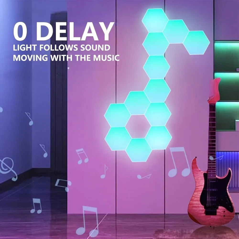 Guitar leaning against a wall with hexagonal light panels and musical notes, featuring text about sound synchronization.