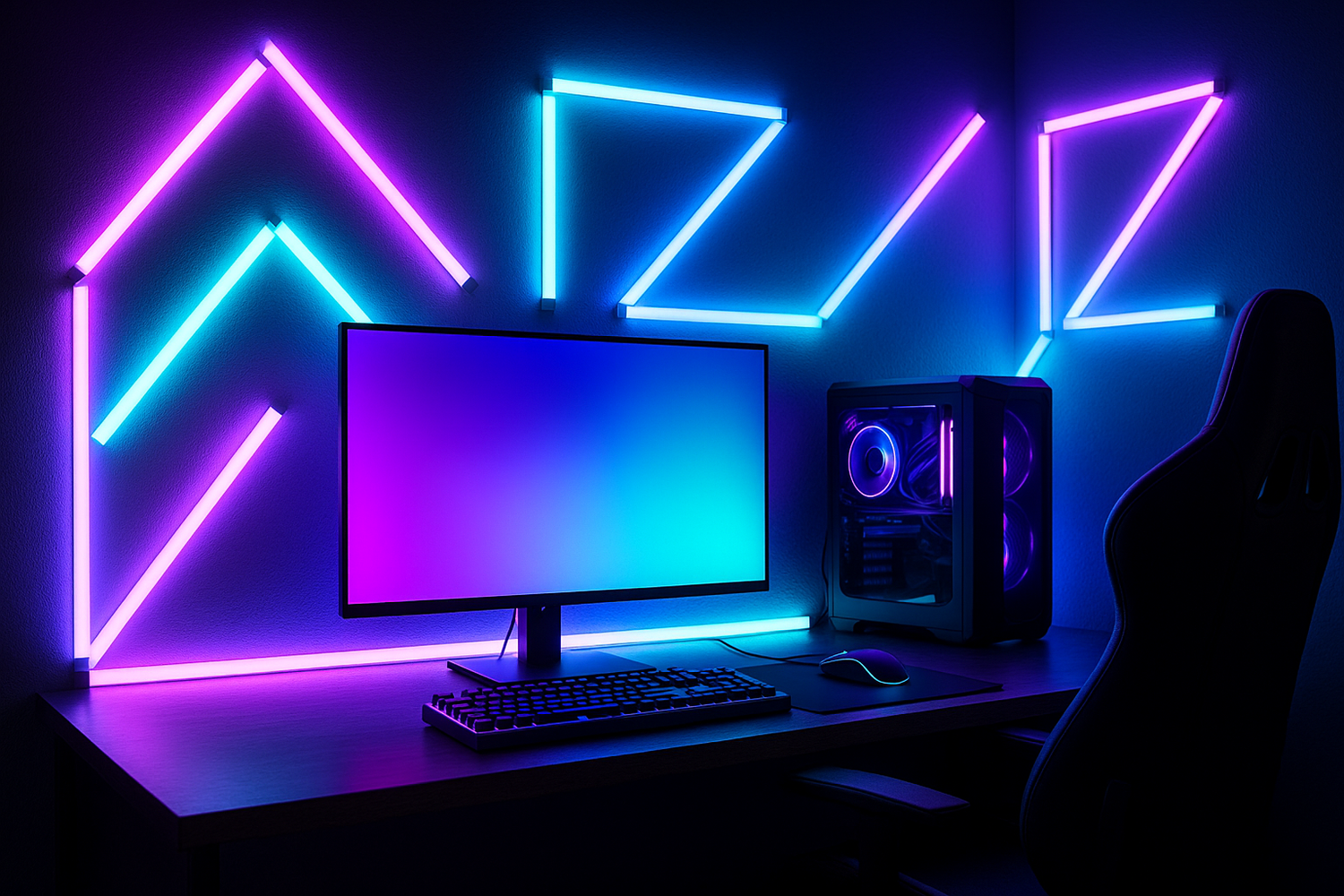 Wall mounted LED lights being a gaming set-up